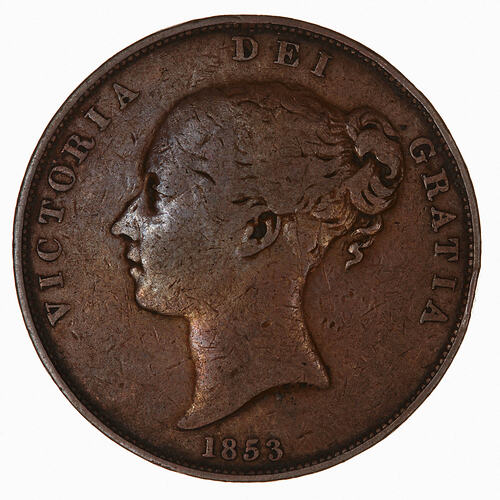 Coin - Penny, Queen Victoria, Great Britain, 1853 (Obverse)
