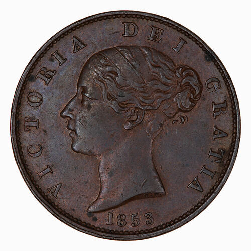 Coin - Halfpenny, Queen Victoria, Great Britain, 1853 (Obverse)