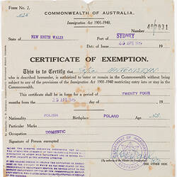 Certificate of Exemption - Zofia Antoniszyn