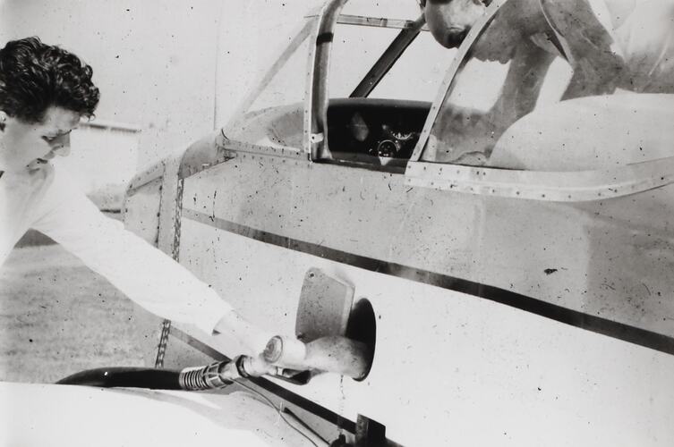 Photograph - Fuelling the Millicer Airtourer VH-FMM Prototype, Moorabbin Airport, Victoria, 1959