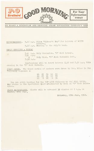 Newsletter - 'Good Morning', P&O Lines, Strathaird, 25 Jun 1960