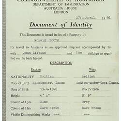 Document of Identity - Issued to Ronald & Joan Booth, Department of Immigration, 27 Apr 1956