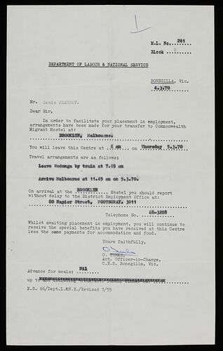 Hostel Transfer - Bonegilla to Brooklyn, Issued to Dennis Jeandet, Department of Labour & National Service