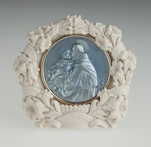Medallion - S. Antonius De Padua, Blue Plastic, Framed, circa 1930s
