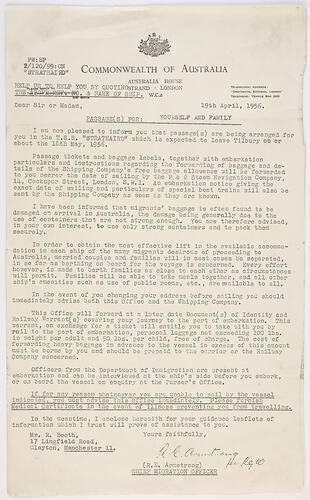 Letter - Notification of Passage to Australia, Commonwealth of Australia to Ron Booth, 19 Apr 1956