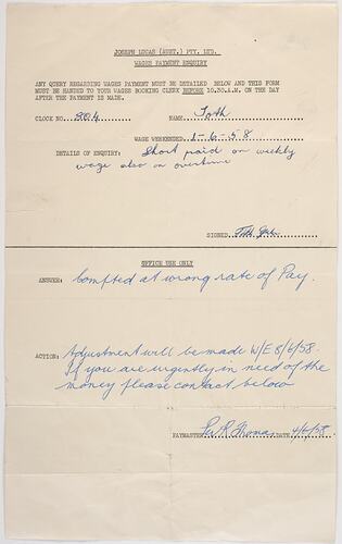 Leaflet - Wages Payment Enquiry, Julius Toth to Joseph Lucas Pty Ltd, Jun 1958