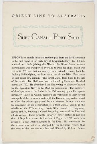Booklet - Suez Canal & Port Said, Orient Line, 1954