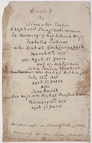 Paper with handwritten text from headstone.