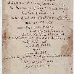 Paper with handwritten text from headstone.