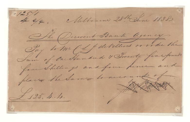 Cheque - John Batman, The Derwent Bank Agency, Melbourne, Victoria, Australia, 1838