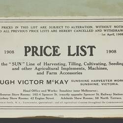 Price List - Hugh Victor McKay, 'Sun' Line Price List, Australia Wide, Apr 1908