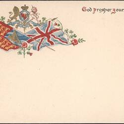 Postcard with coat of arms above two flags in top left corner.