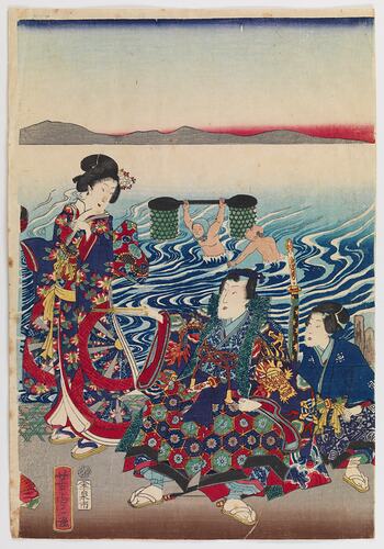 Woodblock print on paper, depicting two richly dressed Japanese courtesans