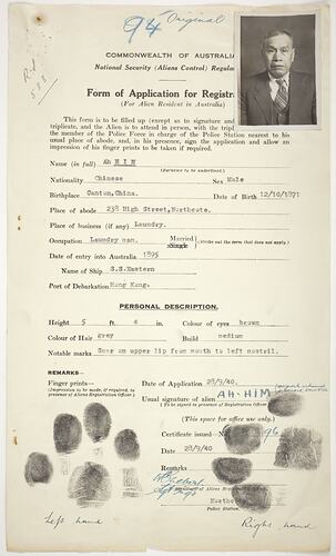 Application for Registration - Commonwealth of Australia, Issued to Mr Ah Him