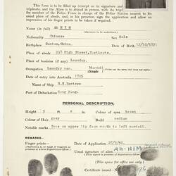 Application for Registration - Commonwealth of Australia, Issued to Mr Ah Him