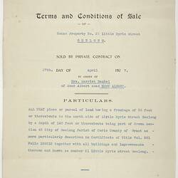 Deed of Property Sale - 21 Little Great Ryrie Street, Geelong, Harriet Daniel to Setsutaro Hasegawa, 27 Apr 1927
