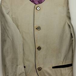 Jacket - 'Beatles Mod Style', Collarless, Textured Cream Polyester with Black Trim, Rochester, Victoria, 1966