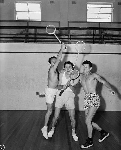 Three Men with Squash Racquets, Victoria, 1957