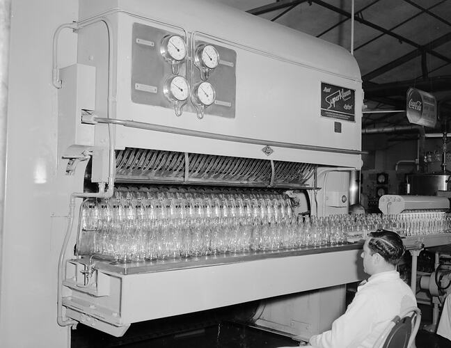 Coca-Cola, Worker Using Machinery at Factory, Moorabbin, Victoria, Aug 1954