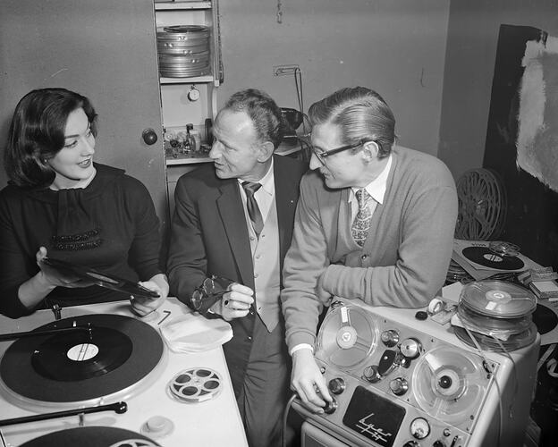 Negative - Woman with Two Men in a Recording Studio, Melbourne, Victoria, 1958