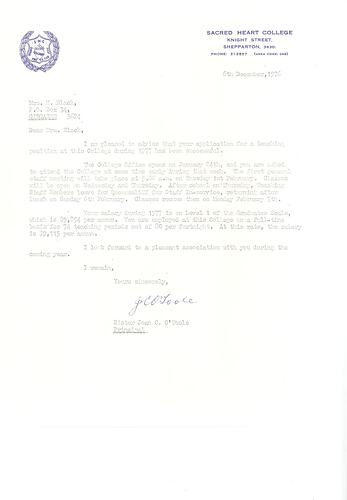 Letter - From Sacred Heart College Shepparton to Hope Black, 6 Dec 1976