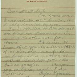 Letter & Envelope - Albert James Smith, to Margaret Malval, Thank You, 10 Jan 1944