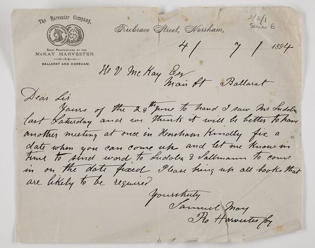 Letter - Samuel May, to H. V. McKay, Request for Meeting in Horsham, 4 Jul 1894