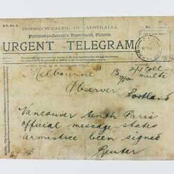 Telegram - Armistice, World War I, Portland, Victoria, Nov 1918