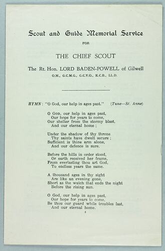 Program - Scout & Guide Memorial Service, Lord Baden-Powell, England, 1949