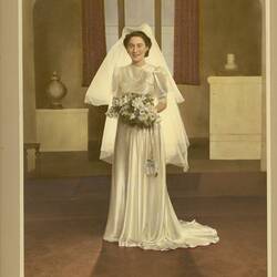 Dress - Wedding of Norma Green nee Burns, Cream Satin, Manton's, Melbourne, 14 Dec 1942