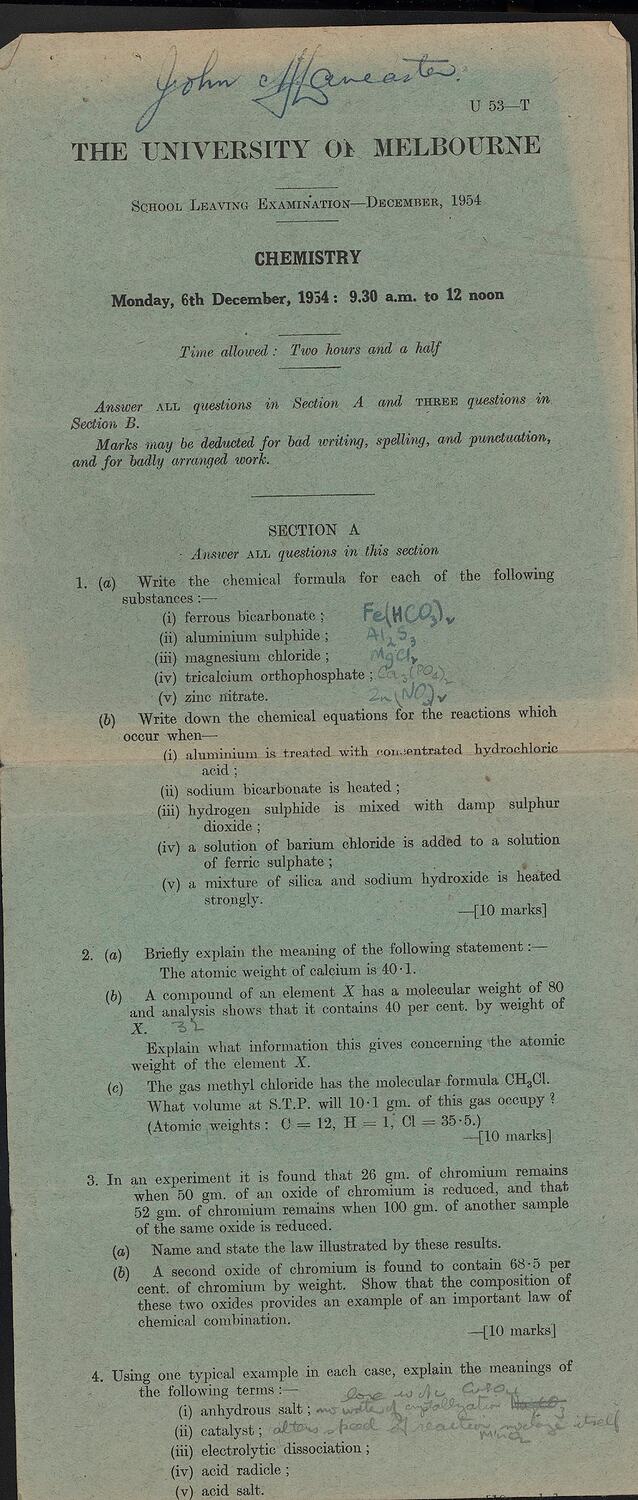Old Lab Exam Papers Examination Paper - Chemistry, University of Melbourne, 6 Dec 1954