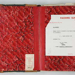 Patterned inside cover of accounting ledger, with notes.