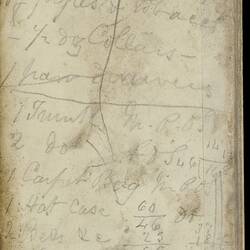 Open diary with handwritten text on discoloured worn page.