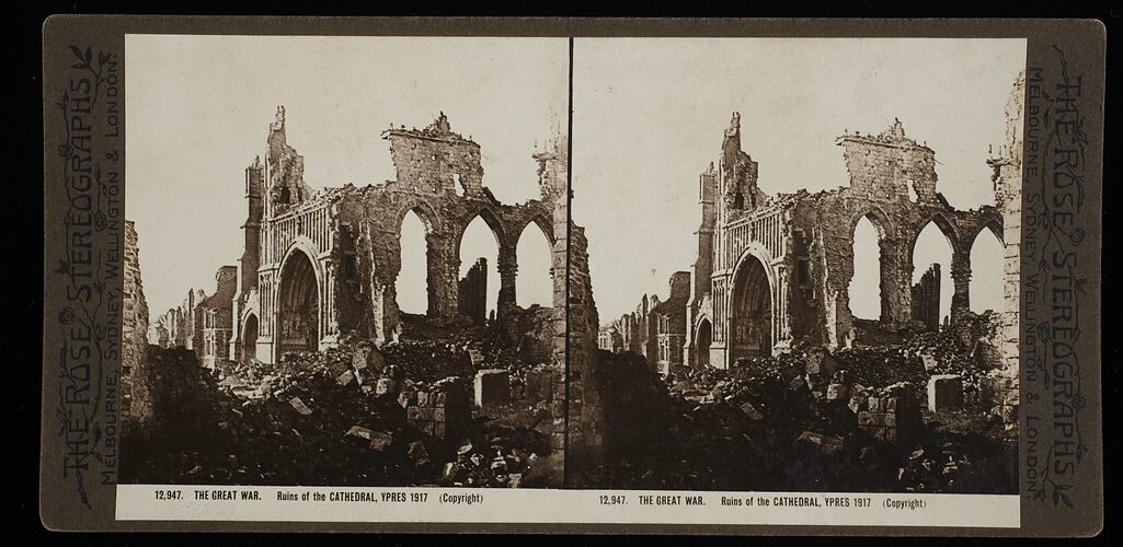 Stereograph - 'Ruins of the Cathedral, Ypres, 1917'