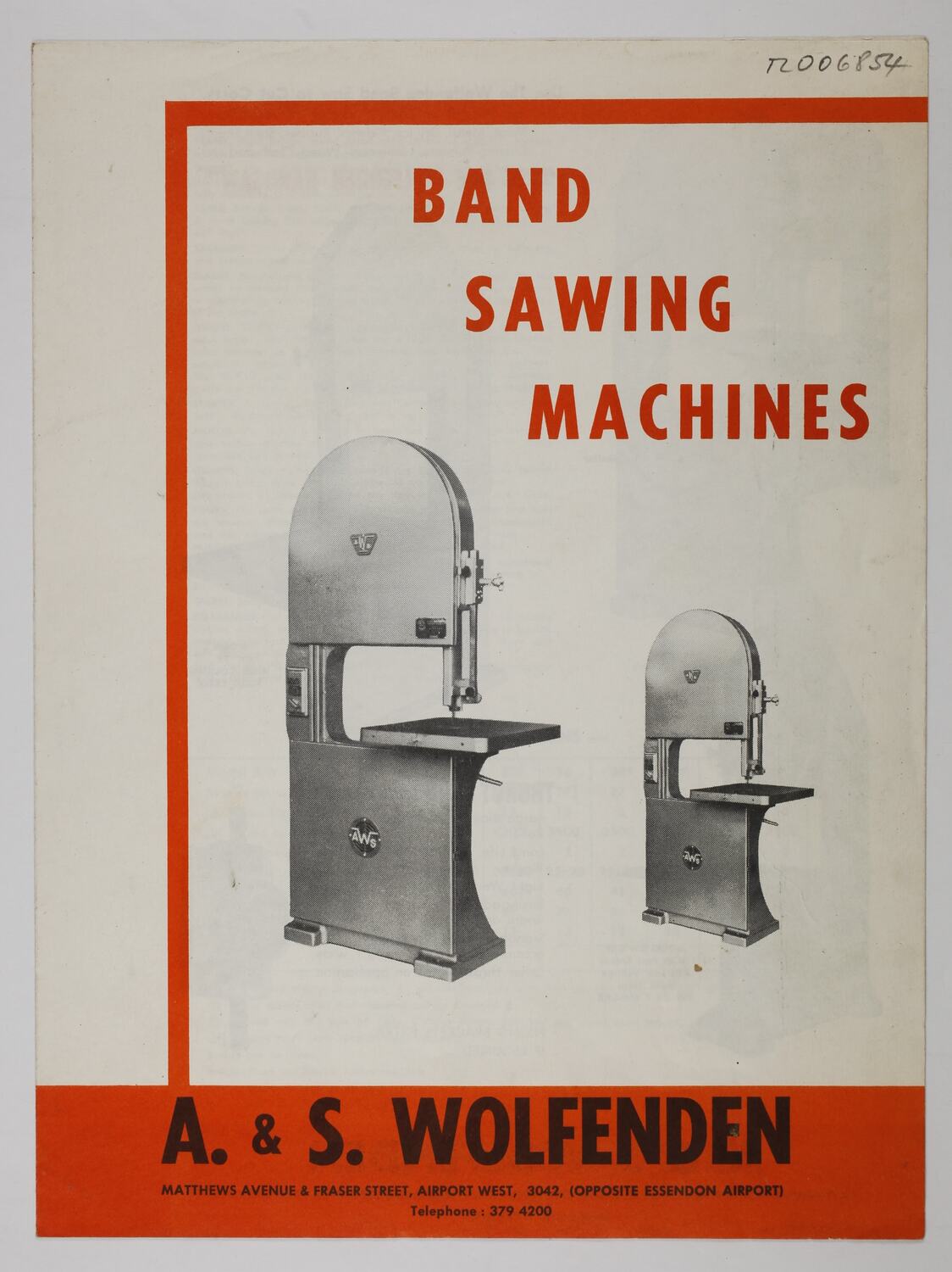 Product Leaflet Wolfenden Bros. Pty Ltd, Band Saws, circa 1960