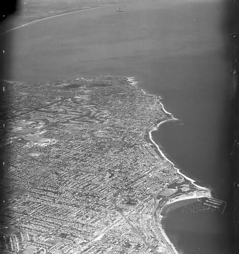 Monochrome aerial photograph of Melbourne.