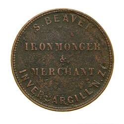 Token - 1 Penny, S. Beaven, Ironmonger, Invercargill, New Zealand, 1863