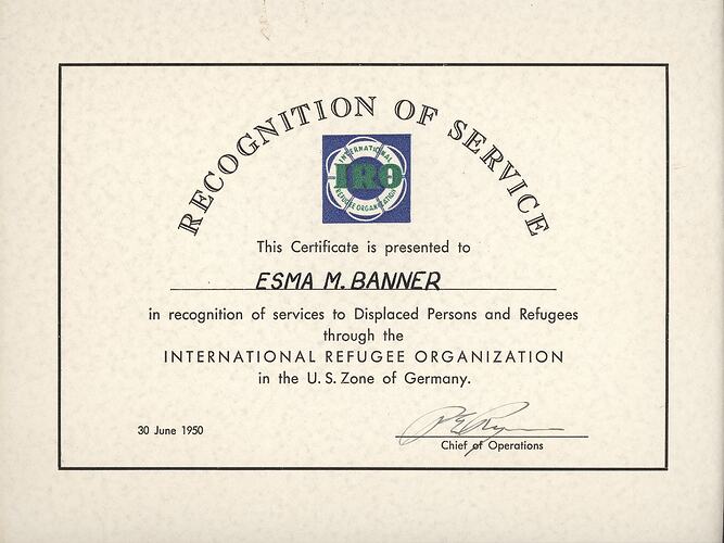 Certificate - Esma Banner, International Refugee Organization, Germany, 30 Jun 1950