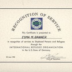 Certificate - Esma Banner, International Refugee Organization, Germany, 30 Jun 1950