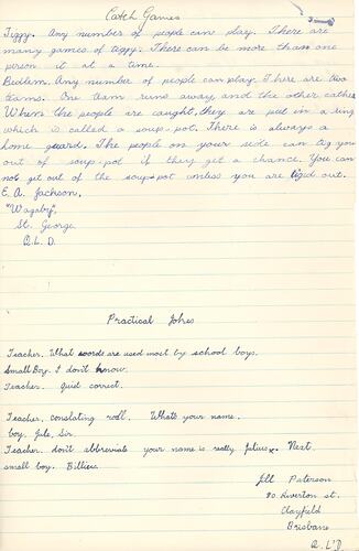 Handwritten game descriptions in blue ink on lined paper
