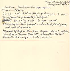 Document - Barbara Mai, Addressed to Dorothy Howard, Description of Chasing Game 'Chasey', 1954-1955