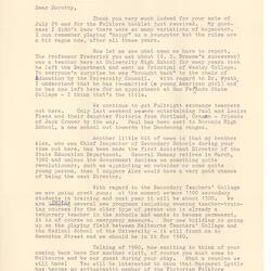 Letter - Doug McDonell, to Dorothy Howard, Information About the Secondary Teachers College & Mutual Colleagues, 25 Sep 1958