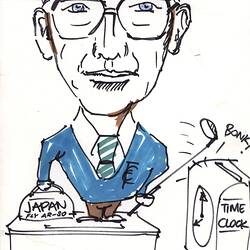 Caricature of man on desk with golf club.