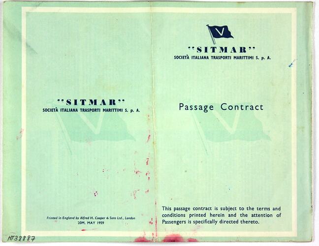 Passage Ticket - Sitmar Line, T.V. Fair Sky, Sylvia & Shirley Forbes, Southampton to Melbourne, 8 Jul 1961