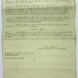Information Sheet - Passengers Arriving in Australia, Stanley Hathaway, Commonwealth of Australia, Dept of Trade & Customs, 11 Sep 1951