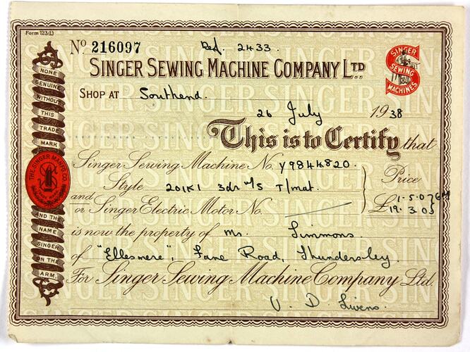 Certificate of Ownership - Singer Sewing Machine Company, Lucy Hathaway (nee Simmons), 26 Jul 1938