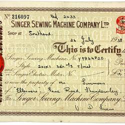 Certificate of Ownership - Singer Sewing Machine Company, Lucy Hathaway (nee Simmons), 26 Jul 1938