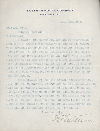Letter - George Eastman to Thomas Baker, 17 Aug 1914