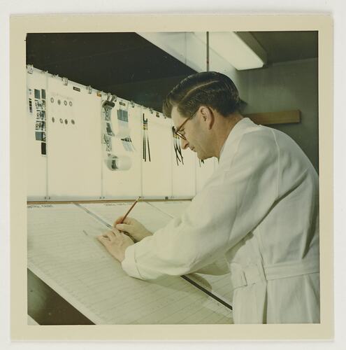 Slide 290, 'Extra Prints of Coburg Lecture', Worker Analysing Densitometric Readings, Building 20, Kodak Factory, Coburg, circa 1960s