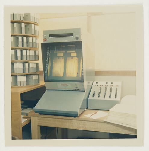 Slide 311, 'Extra Prints of Coburg Lecture', Mailing Addresses on Microfilm Reader, Building 20, Kodak Factory, Coburg, circa 1960s